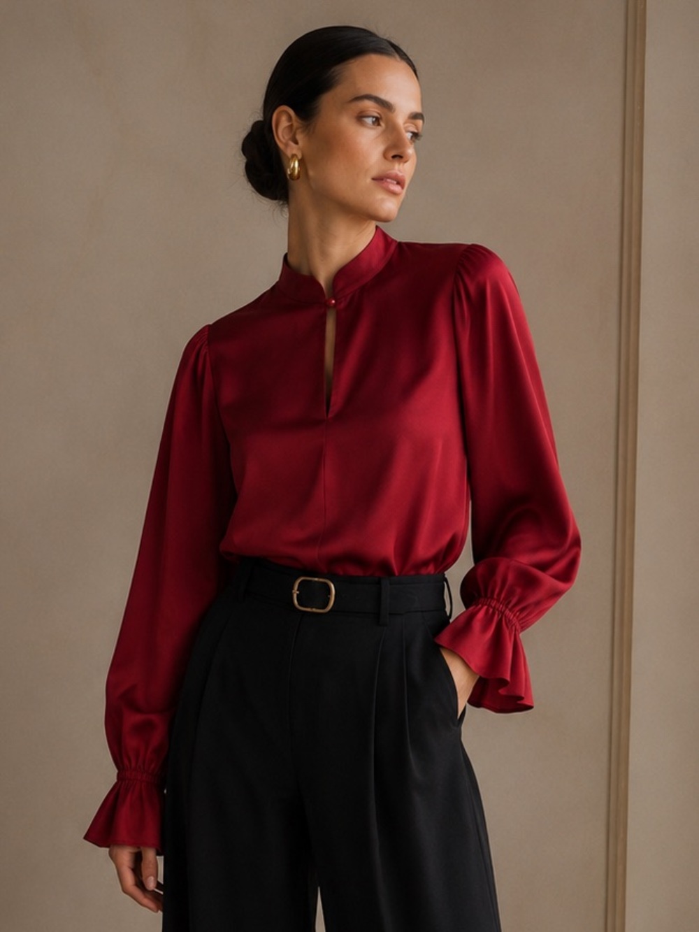 Romantic Crimson Silk Blend Blouse | Editorial Poet Sleeve Top